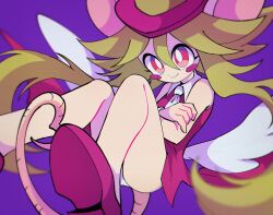 Rule 34 | 1girl, animal ears, collared dress, crossed arms, dress, feathered wings, green hair, hair between eyes, hat, heart, heart tail, high heels, knees up, leotard, mad rat dead, midair, mouse ears, mouse girl, mouse tail, necktie, omochiutyu, purple background, rat god (mad rat dead), red dress, red eyes, red footwear, red hat, sidelocks, smile, tail, top hat, white leotard, white necktie, white wrist cuffs, wings, wrist cuffs