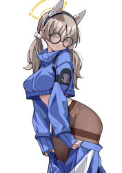 Rule 34 | 1girl, absurdres, black pantyhose, blue archive, blue skirt, blue sweater, breasts, brown hair, closed mouth, cropped sweater, glasses, hair ornament, hairband, halo, highres, large breasts, looking at viewer, moe (blue archive), pantyhose, pom pom (clothes), pom pom hair ornament, round eyewear, simple background, skirt, sleeves past wrists, smile, solo, sweater, tamago (eva1314056), twintails, undressing, white background