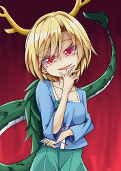 Rule 34 | 1girl, blonde hair, blue shirt, blue sleeves, bow, dragon horns, dragon tail, gradient background, green bow, green shorts, hair between eyes, holding head, horns, keyaki chimaki, kicchou yachie, long sleeves, looking at viewer, open mouth, red eyes, shirt, short hair, shorts, smile, solo, tail, touhou, turtle shell, upper body