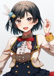 Rule 34 | 1girl, afterschool school idol (love live!), aiguillette, black hair, black vest, bow, bowtie, breasts, buttons, collared shirt, cropped jacket, double-breasted, feather hair ornament, feathers, flower, frilled shirt, frills, hair between eyes, hair flower, hair ornament, hand up, happy, highres, idol clothes, jacket, looking at viewer, love live!, love live! nijigasaki high school idol club, medium breasts, mia (fai1510), open mouth, red bow, red bowtie, red skirt, shirt, short hair, sidelocks, simple background, skirt, solo, twitter username, two-tone bowtie, upper body, vest, white background, white shirt, yellow jacket, yuki setsuna (love live!)