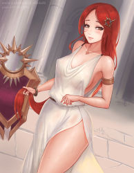 Rule 34 | 1girl, armlet, bangle, blush, bracelet, breasts, brown eyes, column, commentary, covered erect nipples, dutch angle, eliskalti, eyeliner, hair ornament, holding, holding own hair, jewelry, large breasts, league of legends, leona (league of legends), light smile, long hair, looking at viewer, makeup, necklace, no bra, pendant, perky breasts, pillar, red hair, revision, riot games, see-through, see-through silhouette, shield, side slit, sideboob, signature, sleeveless, solo, standing, sweat, thighs, tunic, very long hair, watermark, web address