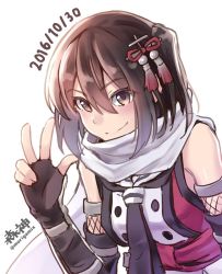 Rule 34 | &gt;:), 10s, 1girl, 2016, artist name, brown eyes, brown hair, commentary request, dated, elbow gloves, fingerless gloves, gloves, hair between eyes, hair ornament, kantai collection, looking at viewer, matching hair/eyes, morigami (morigami no yashiro), necktie, scarf, sendai (kancolle), sendai kai ni (kancolle), smile, solo, twitter username, two side up, upper body, v, v-shaped eyebrows, w, white background, white scarf