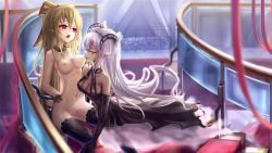 Rule 34 | 2girls, arms behind back, bad id, bad pixiv id, blonde hair, breast sucking, breasts, cleavage, collar, dress, elbow gloves, closed eyes, gloves, horns, long hair, multiple girls, nipples, nude, original, pointy ears, pussy, pussy juice, red eyes, restrained, thighhighs, uncensored, wangchuan de quanyan, white hair, yuri