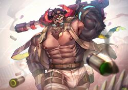Rule 34 | 1boy, abs, absurdres, ammunition pouch, animal ears, bara, bare pectorals, belt, blurry, bulge, bullet, chest tuft, cow boy, cow ears, cow horns, cowboy shot, dated, depth of field, facial hair, fingerless gloves, furry, furry male, gloves, goatee, gun, headband, highres, horns, large bulge, large pectorals, live a hero, looking at viewer, male focus, muscular, muscular male, navel, navel hair peek, nipples, obsidius (live a hero), official alternate costume, open clothes, over shoulder, pants, pectorals, pouch, signature, smoke, smoking barrel, solo, striped clothes, striped pants, thick arms, thigh belt, thigh strap, vorusu, weapon, weapon over shoulder