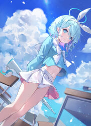 1girl arms_behind_back arona_(blue_archive) blue_archive blue_eyes blue_hair blue_halo blue_sky blush chair choker closed_mouth cloud cloudy_sky colored_inner_hair cumulonimbus_cloud desk dutch_angle greenapple gun hairband halo highres holding holding_gun holding_weapon long_sleeves looking_at_viewer midriff multicolored_hair navel neckerchief panties pink_hair pleated_skirt sailor_collar school_chair school_desk school_uniform serafuku short_hair skirt sky smile solo standing underwear weapon white_choker white_hairband white_neckerchief white_panties white_sailor_collar white_skirt