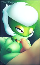 Rule 34 | 1boy, 1girl, artist name, ass, bent over, border, breasts, creatures (company), cum, cum in mouth, cum on body, cum on breasts, cum on upper body, erection, fellatio, game freak, gen 4 pokemon, gradient background, green background, half-closed eyes, hetero, highres, large breasts, looking up, nintendo, nipples, nude, one eye closed, open mouth, oral, penis, pokemon, pokemon (creature), pokemon dppt, red benjamin, red eyes, roserade, saliva, short hair, signature, simple background, testicles, text focus, uncensored, watermark, white border, white hair, wink
