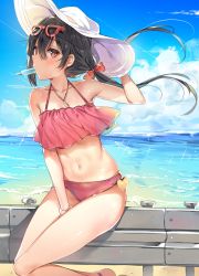 Rule 34 | 10s, 1girl, adjusting clothes, adjusting headwear, bad id, bad pixiv id, beach, bikini, black hair, blush, bow, bracelet, collarbone, day, eyewear on head, food, food in mouth, hair bow, hat, jewelry, looking at viewer, love live!, love live! school idol project, navel, necklace, on railing, pink bikini, popsicle, railing, red bow, red eyes, sitting, solo, swimsuit, twintails, white hat, yazawa nico, yuran