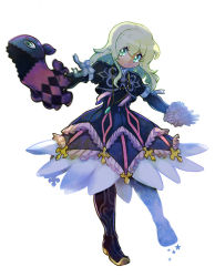 Rule 34 | 1girl, bad id, bad pixiv id, blonde hair, boots, creature, cropped jacket, dress, elize lutus, frills, green eyes, jewelry, omote-geppo, pendant, short hair, tales of (series), tales of xillia, teepo (tales), white background