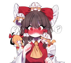 Rule 34 | 2girls, @ @, absurdres, ascot, blonde hair, blush, bow, brown hair, closed eyes, closed mouth, commentary request, detached sleeves, dress, frilled bow, frilled hair tubes, frills, gap (touhou), hair bow, hair tubes, hakurei reimu, hat, hat ribbon, highres, korean commentary, long hair, mini person, minigirl, mob cap, multiple girls, nose blush, on head, open mouth, person on head, person on shoulder, purple dress, red bow, red eyes, red ribbon, ribbon, simple background, smelling hair, smile, tohou89, touhou, white background, yakumo yukari, yellow ascot, | |