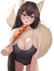 Rule 34 | 1girl, animal ear fluff, animal ears, black hair, breasts, cleavage, copyright request, corn dog, eating, food, fox ears, fox girl, fox tail, glasses, grey one-piece swimsuit, highres, holding, holding food, instagram logo, instagram username, ketchup, large breasts, leaning forward, long hair, looking at viewer, mandytsune, one-piece swimsuit, purple eyes, sausage, solo, swimsuit, tail, twitter logo, twitter username