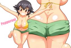 Rule 34 | 1girl, ass, backboob, bikini, bikini shorts, black hair, blush, breasts, brown eyes, butt crack, character name, cleavage, girls und panzer, gogopaint, green shorts, grin, highres, large breasts, looking at viewer, multiple views, navel, pepperoni (girls und panzer), shiny skin, shorts, simple background, smile, solo, swimsuit, white background, yellow bikini