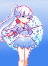 Rule 34 | 1girl, blue background, capelet, collarbone, drantyno, dress, earrings, hand on own hip, highres, holding, jewelry, long hair, long sleeves, looking at viewer, myrtenaster, ponytail, ribbon, roosterteeth, rwby, smile, standing, sword, weapon, weiss schnee, white capelet, white dress, white eyes, white hair, white ribbon