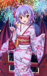 Rule 34 | 1girl, animal print, artist request, bag, bat print, bat wings, blue hair, blush, check artist, fang, fence, festival, fireworks, frilled kimono, frills, grass, hair ribbon, holding, holding bag, japanese clothes, kimono, long sleeves, night, obi, official alternate costume, official art, open mouth, outdoors, pink kimono, pouch, red eyes, red ribbon, red sash, remilia scarlet, remilia scarlet (yukata), ribbon, sash, short hair, smile, socha, striped, striped ribbon, touhou, touhou cannonball, wide sleeves, wings, wooden fence, yukata