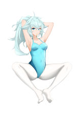 Rule 34 | 1girl, absurdres, ahoge, armpits, arms behind head, athletic leotard, blue eyes, blue hair, blue leotard, breasts, closed mouth, collarbone, covered navel, full body, girls&#039; frontline, hair tie in mouth, highres, korean commentary, legs, leotard, long hair, looking at viewer, medium breasts, mouth hold, nonoan jp, official alternate costume, pa-15 (dance in the ice sea) (girls&#039; frontline), pa-15 (girls&#039; frontline), pantyhose, presenting armpit, solo, thighs, white background, white pantyhose