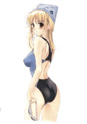 Rule 34 | 1girl, adjusting hair, ass, blonde hair, blush, breasts, brown eyes, competition swimsuit, female focus, goggles, looking back, nishiki yoshimune, non-web source, one-piece swimsuit, simple background, smile, solo, swim cap, swimsuit