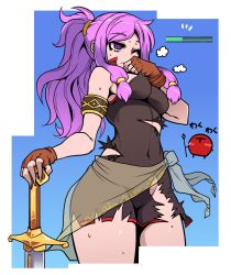 Rule 34 | 1girl, armband, bare shoulders, blush, breasts, chibi, chibi inset, covered navel, cowboy shot, dress, fingerless gloves, fire emblem, fire emblem: the sacred stones, gloves, hand on hilt, hand to own mouth, health bar, kara age, long hair, marisa (fire emblem), medium breasts, nintendo, one eye closed, ponytail, purple eyes, purple hair, sash, sideboob, solo, standing, sweat, sword, thighs, torn clothes, weapon