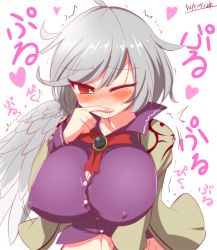 Rule 34 | 1girl, angel wings, bad id, bad pixiv id, biting, blush, breasts, bursting breasts, button gap, covered erect nipples, dress, finger biting, heart, implied masturbation, jacket, kisaragi zwei, kishin sagume, large breasts, long sleeves, navel, no bra, one eye closed, open clothes, open jacket, out-of-frame censoring, purple dress, red eyes, single wing, solo, sweat, tears, touhou, trembling, white hair, wings