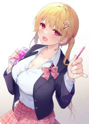 Rule 34 | 1girl, :d, bandaid, bandaid on neck, black jacket, blazer, blonde hair, bow, breasts, cleavage, collarbone, collared shirt, commentary request, dress shirt, earrings, fang, food, gradient background, grey background, hair ornament, hairclip, hands up, highres, holding, holding food, jacket, jewelry, long hair, long sleeves, looking at viewer, medium breasts, mole, mole on breast, okazaki milte, open clothes, open jacket, open mouth, original, pink bow, pink skirt, plaid, plaid skirt, pleated skirt, pocky, pocky day, rabbit hair ornament, red eyes, shirt, skirt, smile, solo, stud earrings, twintails, very long hair, white background, white shirt