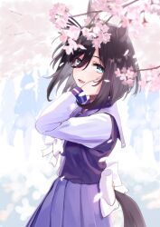 Rule 34 | 1girl, animal ears, black hair, blue eyes, bob cut, bow, bowtie, cherry blossoms, clothing cutout, ear scrunchie, eishin flash (umamusume), frilled skirt, frills, from side, hair between eyes, highres, horse ears, horse girl, horse tail, long sleeves, looking at viewer, mitsusaka mitsumi, pleated skirt, purple serafuku, purple shirt, purple skirt, sailor collar, sailor shirt, school uniform, scrunchie, serafuku, shirt, short hair, skirt, smile, solo, swept bangs, tail, tail through clothes, tracen school uniform, umamusume, white bow, white bowtie, white scrunchie