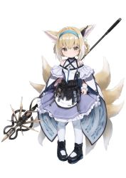 Rule 34 | 1girl, animal ear fluff, animal ears, arknights, bare shoulders, black footwear, blonde hair, blouse, blue hairband, boots, braid, braided hair rings, closed mouth, fox ears, fox girl, fox tail, frilled skirt, frills, full body, hair rings, hairband, highres, holding, holding staff, infection monitor (arknights), kitsune, kyuubi, looking at viewer, material growth, multiple tails, oripathy lesion (arknights), pantyhose, purple skirt, shirt, shiwa (siwaa0419), simple background, skirt, solo, staff, standing, suzuran (arknights), tail, twin braids, white background, white pantyhose, white shirt, yellow eyes