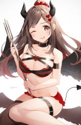 Rule 34 | 1girl, :p, absurdres, angel wings, bad id, bad twitter id, bare legs, bare shoulders, belt, black choker, blush, bra, breasts, brown eyes, brown hair, brown thighhighs, choker, cleavage, collarbone, demon horns, demon tail, fishnet thighhighs, fishnets, hair ornament, hair scrunchie, heart, heart hair ornament, highres, holding, horns, idolmaster, idolmaster shiny colors, kinako (shiratama mochi), large breasts, long hair, looking at viewer, microskirt, navel, one eye closed, polearm, ponytail, red bra, red scrunchie, red skirt, scrunchie, shadow, sidelocks, simple background, single thighhigh, sitting, skirt, smile, solo, stomach, tail, thigh strap, thighhighs, tongue, tongue out, trident, tsukioka kogane, underwear, weapon, white background, wings