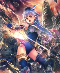Rule 34 | 10s, 1girl, 2boys, aircraft, airship, amelia (granblue fantasy), amelia silver paladin, armor, armored boots, artist request, banner, belt, blue hair, boots, braid, burning, church, cygames, dragon, earrings, elbow gloves, embers, feather beret, full armor, gelt vice captain, gloves, hat, hat feather, jewelry, leotard, long hair, multiple boys, official art, open mouth, polearm, rapier, red eyes, scabbard, shadowverse, sheath, shingeki no bahamut, sword, thighhighs, weapon