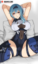 Rule 34 | 1girl, absurdres, armpits, arms behind head, arms up, blue hair, bodystocking, breasts, center opening, covered navel, eula (genshin impact), genshin impact, gluteal fold, hairband, half-closed eyes, highres, hioyami, large breasts, looking at viewer, pillow, seductive smile, skin tight, sleeveless, smile, solo, spread legs, thigh strap, thighhighs