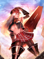 Rule 34 | 10s, 1girl, :d, alisa ilinichina amiella, bare shoulders, black footwear, black pantyhose, blue eyes, boots, breasts, cowboy shot, cropped vest, elbow gloves, gloves, god eater, hair between eyes, holding, holding sword, holding weapon, huge weapon, large breasts, long hair, looking at viewer, ogino (oginogino), open mouth, pantyhose, silver hair, skirt, smile, solo, suspender skirt, suspenders, sword, thigh boots, thighhighs, underboob, vest, weapon