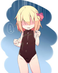 Rule 34 | ..., 1girl, black one-piece swimsuit, blonde hair, breast conscious, child, failure, flat chest, front zipper swimsuit, gloom (expression), hair ribbon, highleg, highleg swimsuit, meme attire, no eyes, one-piece swimsuit, ribbon, rumia, shaded face, shamo (koumakantv), solo, swimsuit, touhou