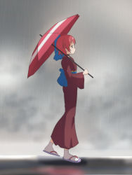 Rule 34 | 1girl, alternate costume, black choker, blue bow, blue sash, bow, cato (monocatienus), choker, cloud, cloudy sky, commentary request, from side, full body, hair bow, holding, holding umbrella, japanese clothes, kimono, long sleeves, obi, outdoors, profile, purple footwear, rain, red eyes, red hair, red kimono, red umbrella, sandals, sash, sekibanki, sky, socks, solo, touhou, umbrella, walking, white socks, wide sleeves