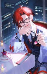 Rule 34 | 1boy, bishounen, candle, candlestand, glasses, holding, holding spoon, holostars, holostars english, incoming food, jacket, licking lips, looking at viewer, machina x flayon, male focus, neck ribbon, red hair, ribbon, shokuen (oxstl), short hair, shorts, sitting, solo, spoon, table, tongue, tongue out, virtual youtuber, white jacket