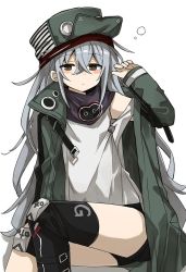 Rule 34 | 1girl, black shorts, blush, brown eyes, closed mouth, g11 (girls&#039; frontline), girls&#039; frontline, green jacket, hat, jacket, knee pads, long hair, long sleeves, looking at viewer, messy hair, murakami meishi, off shoulder, open clothes, open jacket, scarf, scarf on head, shirt, shorts, simple background, sleepy, solo, white background