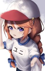 Rule 34 | 1girl, absurdres, baseball cap, blurry, blurry foreground, blush, bow, braid, clothes writing, commentary request, hair bow, hat, highres, hinamayo, long sleeves, looking at viewer, open mouth, orange hair, princess connect!, purple eyes, shirt grab, sidelocks, solo, twin braids, upper body, white hat, yuni (princess connect!), yuni (school festival) (princess connect!)