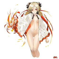 Rule 34 | 1girl, :o, absurdres, arknights, breasts, breasts apart, brown hair, cleft of venus, clenched hand, cloak, cropped legs, fire, groin, highres, horns, ifrit (arknights), low twintails, navel, nipples, orange hair, prossss, pussy, short twintails, simple background, small breasts, solo, twintails, v-shaped eyebrows, white background, white cloak