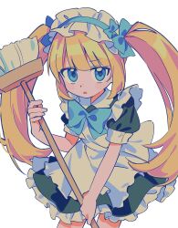Rule 34 | 1girl, blonde hair, blue bow, blue eyes, bow, broom, hair bow, highres, holding, holding broom, looking at viewer, maid, original, parted lips, puffy short sleeves, puffy sleeves, short sleeves, simple background, solo, twintails, umipi, white background