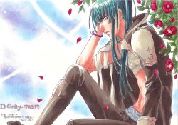 Rule 34 | !, !!, 00s, 1boy, 2006, aqua hair, bandages, bead bracelet, beads, boots, bracelet, camellia, copyright name, d.gray-man, flower, from side, grey eyes, hand on own head, highres, jacket, jacket on shoulders, jewelry, kanda yuu, long hair, long sleeves, looking at viewer, male focus, navel, pants, parted lips, petals, red flower, scan, sitting, solo, stomach, topless male, traditional media