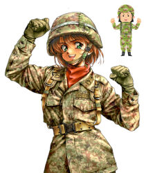 1980s_(style) 1girl absurdres brown_hair camouflage camouflage_jacket camouflage_pants combat_helmet determined gloves green_eyes green_gloves green_helmet green_jacket green_pants helmet highres irasutoya irasutoya_challenge jacket japan_ground_self-defense_force japan_self-defense_force longmei_er_de_tuzi military military_uniform oldschool original pants retro_artstyle solo