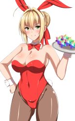 Rule 34 | 10s, 1girl, ahoge, animal ears, bare shoulders, blonde hair, blush, bow, bowtie, breasts, brown pantyhose, cleavage, covered navel, cowboy shot, crystal, detached collar, facing viewer, fake animal ears, fate/extra, fate (series), green eyes, hair bun, hair ribbon, huge breasts, leotard, long hair, looking at viewer, nero claudius (fate), nero claudius (fate) (all), nero claudius (fate/extra), pantyhose, playboy bunny, rabbit ears, rabbit tail, red bow, red bowtie, red leotard, red ribbon, ribbon, saint quartz (fate), simple background, single hair bun, smile, solo, strapless, strapless leotard, tail, tray, white background, wonawo, wrist cuffs