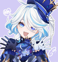 Rule 34 | 1girl, :3, :d, absurdres, ahoge, black gloves, blue capelet, blue eyes, blue hair, blue hat, brooch, capelet, chinese commentary, commentary request, creature, critter pick (honkai: star rail), crown, drop-shaped pupils, eyes visible through hair, fang, furina (genshin impact), genshin impact, gloves, hair between eyes, hair intakes, half gloves, hands up, hat, heart, heterochromia, highres, honkai: star rail, honkai (series), jacket, jewelry, long sleeves, looking at viewer, mismatched pupils, multicolored hair, open mouth, outline, ouya (pixiv 52685215), purple background, simple background, smile, solo, streaked hair, symbol-shaped pupils, top hat, two-tone hair, upper body, waving, white gloves, white hair