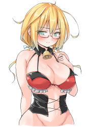 Rule 34 | 1girl, ahoge, bell, neck bell, bikini, bikini top only, blonde hair, blush, bottomless, breasts, cleavage, collar, commentary request, detached collar, glasses, green eyes, groin, highres, i-8 (kancolle), kantai collection, large breasts, long hair, looking to the side, navel, out-of-frame censoring, red-framed eyewear, red bikini, semi-rimless eyewear, short hair, simple background, solo, swimsuit, takomeshi, under-rim eyewear, white background