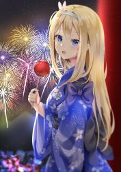 Rule 34 | 1girl, :o, aizawa (aizawatsu), blonde hair, blue eyes, blue hairband, blue kimono, blush, candy apple, fireworks, food, from side, girls&#039; frontline, hair between eyes, hair ornament, hairband, highres, japanese clothes, kimono, long hair, looking at viewer, open mouth, rabbit hair ornament, solo, summer festival, suomi (girls&#039; frontline), torii, wide sleeves, yukata