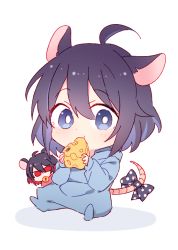 Rule 34 | 2girls, 6 (yuchae), animal ears, antenna hair, blue eyes, blue hair, cheese, chibi, dual persona, eating, food, food in mouth, full body, hair between eyes, holding, holding food, honkai (series), honkai impact 3rd, looking at viewer, mouse ears, mouse tail, multiple girls, pajamas, red eyes, red hair, seele (alter ego), seele vollerei, simple background, tail, white background