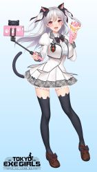 Rule 34 | 1girl, animal ears, black thighhighs, blush, bow, breasts, buttons, cat ears, cat tail, cellphone, commentary request, detached sleeves, emblem, fake animal ears, food, full body, gradient background, hair bow, highres, holding, large breasts, loafers, logo, long hair, long sleeves, looking at viewer, official art, open mouth, phone, pleated skirt, re:shimashima, red eyes, ribbon, school uniform, selfie, shoes, silver hair, simple background, skirt, smile, solo, standing, tail, thighhighs, tokyo exe girls, two side up, zettai ryouiki
