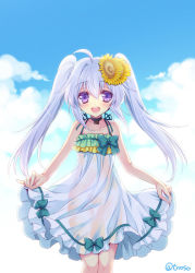 Rule 34 | 1girl, :d, ahoge, bad id, bad pixiv id, blue sky, camisole, cloud, day, flower, hair flower, hair ornament, looking at viewer, no panties, nonno, official art, open mouth, original, outdoors, purple eyes, see-through, silver hair, skirt hold, sky, smile, solo, standing, tokinon, twintails, twitter username, x-overd