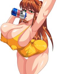 Rule 34 | 1girl, alcione makoto, alcohol, alternate breast size, arm support, ass, ass focus, bare legs, bare shoulders, blush, breasts, can, curvy, dress, drinking, green eyes, highleg, highleg panties, highres, holding, holding can, huge breasts, interface headset, long hair, looking at viewer, miniskirt, neon genesis evangelion, no bra, panties, shiny skin, short dress, sideboob, simple background, skirt, solo, souryuu asuka langley, thong, two side up, underwear, very long hair, white background, white panties, wide hips, yellow dress