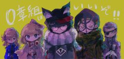 Rule 34 | 2girls, 3boys, animal ears, animal hat, aphex logan, beanie, black hair, black headwear, blonde hair, blue jacket, bow, cabbie hat, chachan chan, closed mouth, coat, eyepatch, facial tattoo, fake animal ears, fur collar, glasses, gloves, green scarf, grey coat, grey hair, hair between eyes, hair bow, hair ornament, hat, headphones, headphones around neck, highres, jacket, long hair, long sleeves, looking at viewer, master detective archives: rain code, melami goldmine, multiple boys, multiple girls, own hands together, pink bow, pucci lavmin, purple eyes, rabbit hair ornament, red-framed eyewear, red eyes, round eyewear, scarf, short hair, smile, standing, tattoo, upper body, white gloves, yellow background, zange eraser, zilch alexander