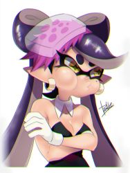 Rule 34 | 1girl, bare shoulders, breasts, callie (splatoon), chromatic aberration, cleavage, cross-shaped pupils, crossed arms, detached collar, earrings, food, food on head, gloves, highres, inkling, isamu-ki (yuuki), jewelry, long hair, looking away, medium breasts, mole, mole under eye, nintendo, o3o, object on head, pointy ears, pout, purple hair, simple background, solo, splatoon (series), splatoon 1, symbol-shaped pupils, tentacle hair, white background, white gloves, yellow eyes