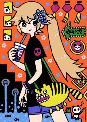 Rule 34 | 1girl, armlet, black shirt, blue eyes, blue flower, blue skirt, bright pupils, brown hair, bubble tea challenge, bucket, cup, eighth note, fish, flower, from side, garouma, highres, holding, holding cup, lantern, looking at viewer, musical note, original, panda, pink flower, ponytail, print shirt, shirt, skirt, smile, solo, tiger, water, white pupils