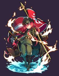 Rule 34 | 1girl, black footwear, black hat, black jacket, boots, commentary request, eyebrows hidden by hair, flag, full body, green jacket, green pants, hair between eyes, hat, head tilt, highres, holding, holding flag, holding sheath, jacket, jacket on shoulders, katana, knee boots, long hair, looking at viewer, magic circle, military, military hat, military uniform, pants, parted lips, peaked cap, red eyes, red hair, rokushou, shakugan no shana, shana, sheath, sheathed, solo, standing, sword, uniform, v-shaped eyebrows, very long hair, weapon