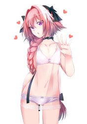 Rule 34 | 1boy, absurdres, astolfo (fate), babydoll, bare shoulders, black bow, blush, bow, bra, braid, choker, collarbone, fate/apocrypha, fate (series), hair between eyes, hair intakes, heart, highres, lingerie, long braid, long hair, looking at viewer, male focus, multicolored hair, navel, open mouth, panties, pink hair, purple eyes, see-through, simple background, single braid, solo, streaked hair, thighs, transparent background, trap, two-tone hair, underwear, white background, white bra, white panties, yukiharareikiri